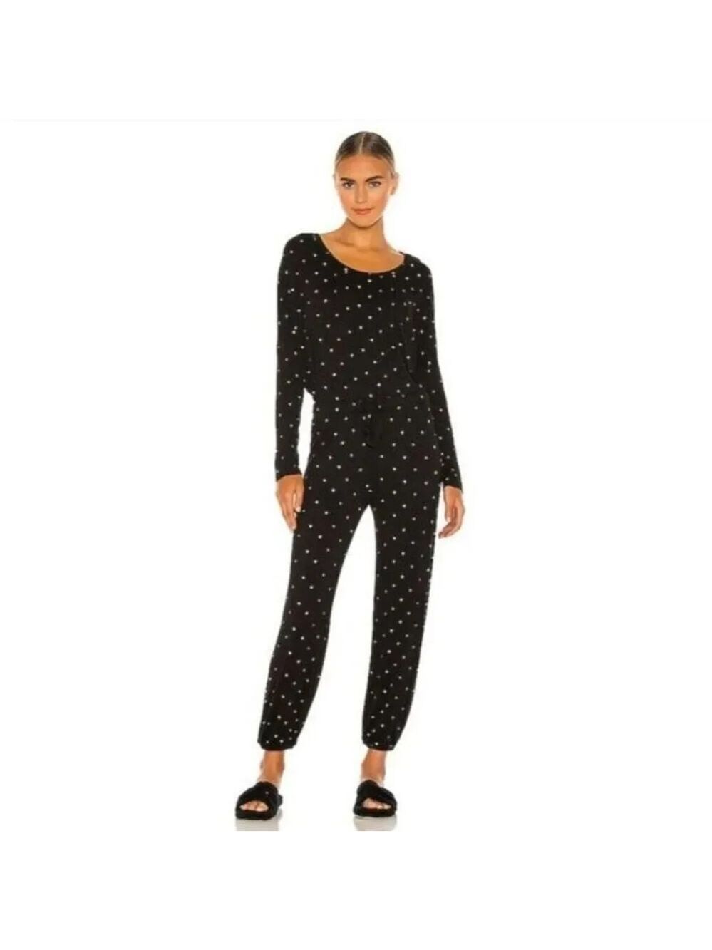 Plush x Revolve ULTRA SOFT HEART JERSEY PJ + SCRUNCHIE SET IN BLACK MULTI Sz XS